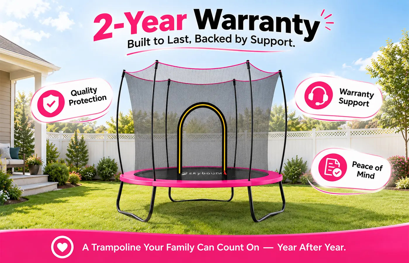 SkyBound pink kids trampoline on backyard lawn with 2-Year Warranty banner, three feature icons: Quality Protection, Warranty Support, Peace of Mind; text states full 2-year warranty with dedicated support team assisting all product-related concerns, bottom tagline "A Trampoline Your Family Can Count On — Year After Year"
