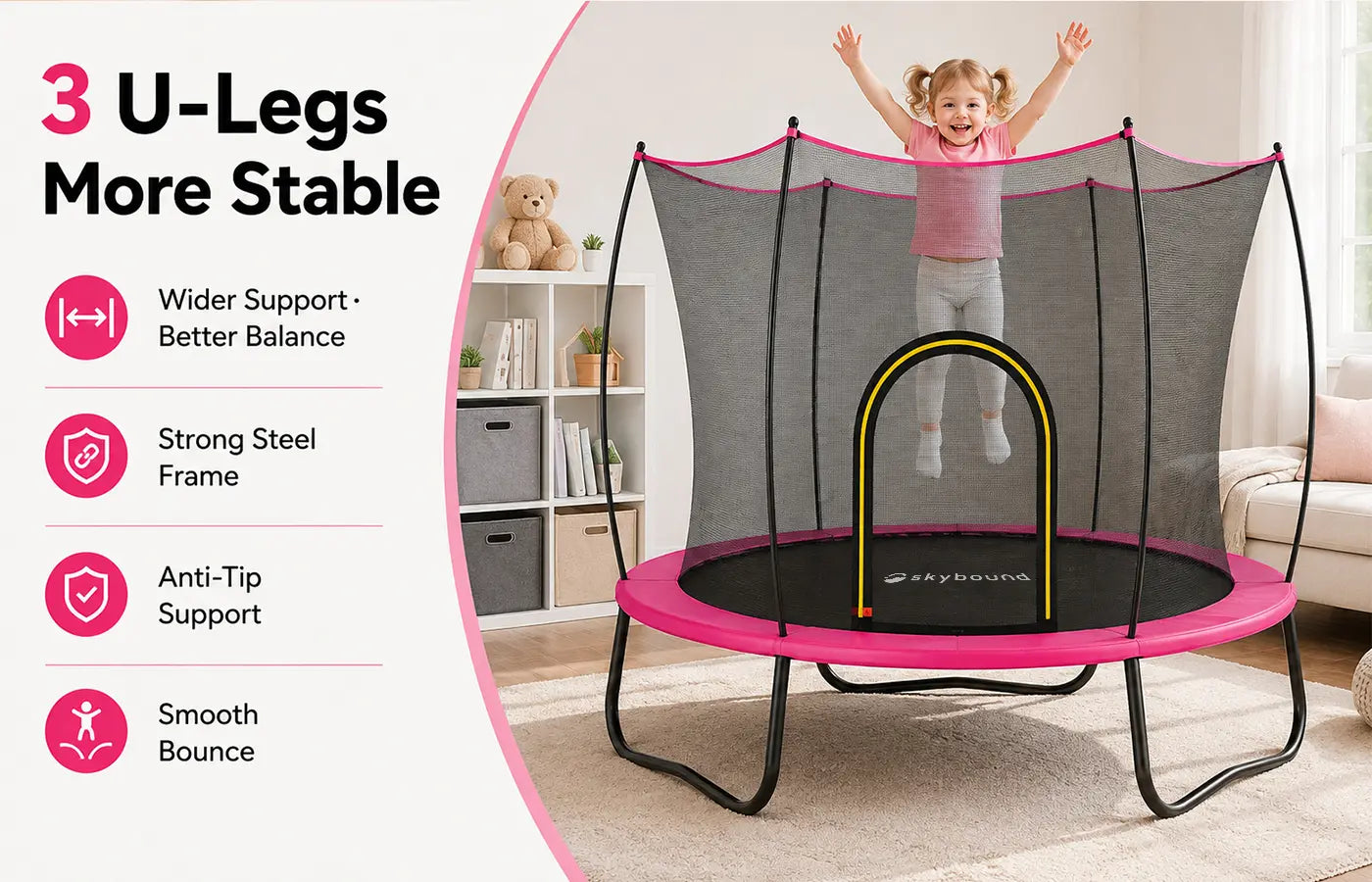 Product banner of pink SkyBound kids trampoline with 3 U-shaped stable support legs, little girl jumping inside safety net, 4 feature icons: Wider Support Better Balance, Strong Steel Frame, Anti-Tip Support, Smooth Bounce; text introducing anti-tip base reduces wobble during play
