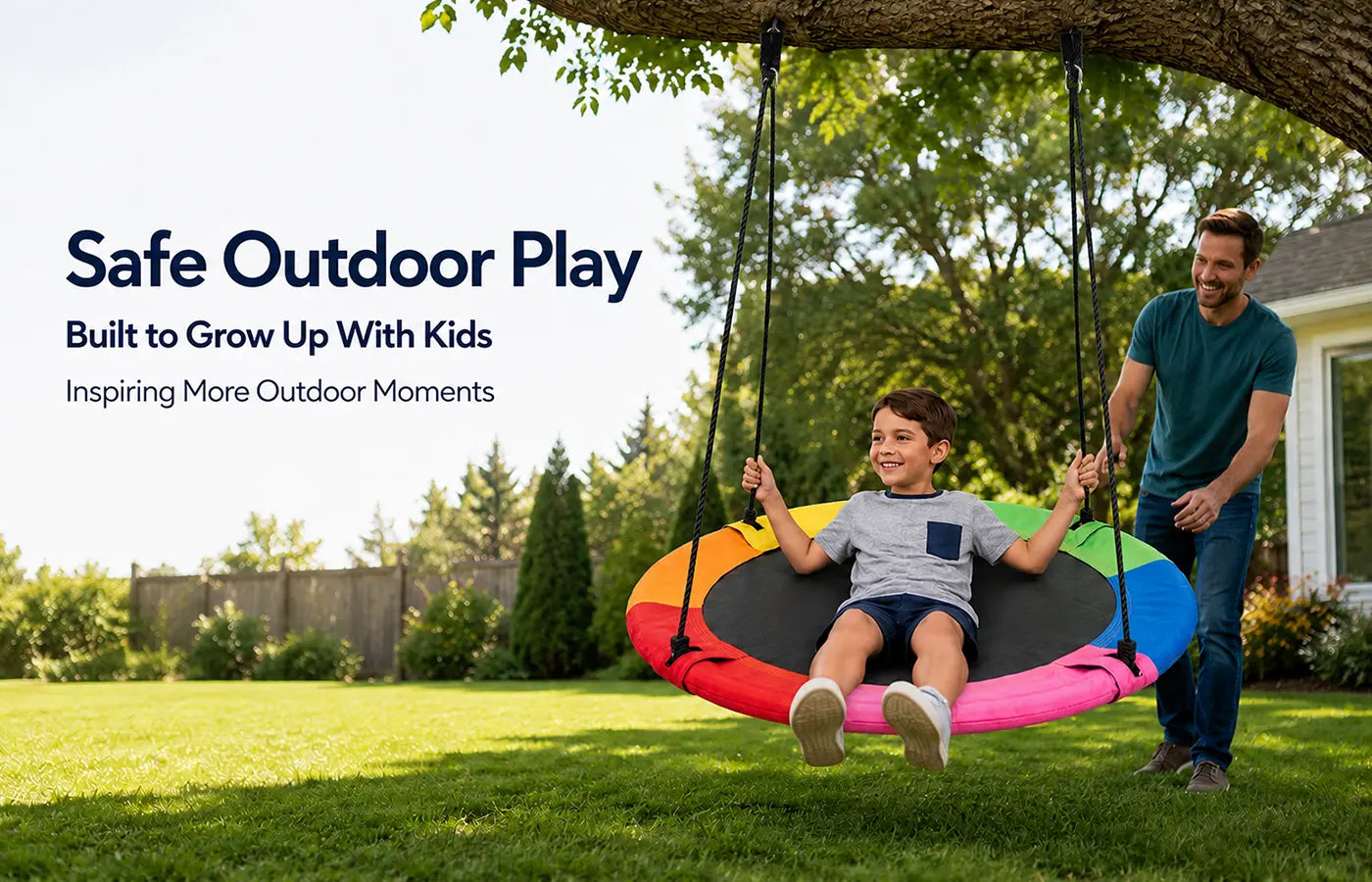 SkyBound high‑quality saucer tree swing creates safe outdoor playtime for families. Sturdy long‑lasting round platform swing encourages active childhood and joyful backyard moments together.