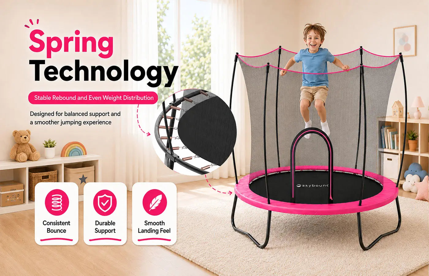 Indoor lifestyle banner of pink SkyBound kids trampoline with spring technology close-up, little boy jumping, features consistent bounce, durable spring support and soft impact-absorbing smooth landing