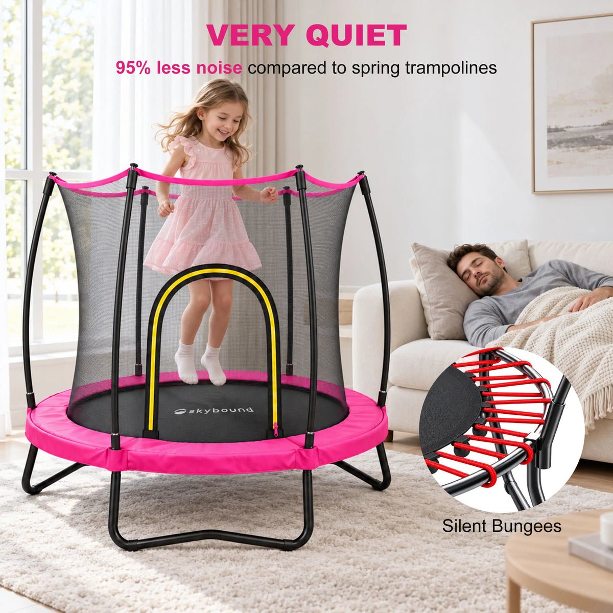 SkyBound quiet bungee kids trampoline indoor low‑noise home scene