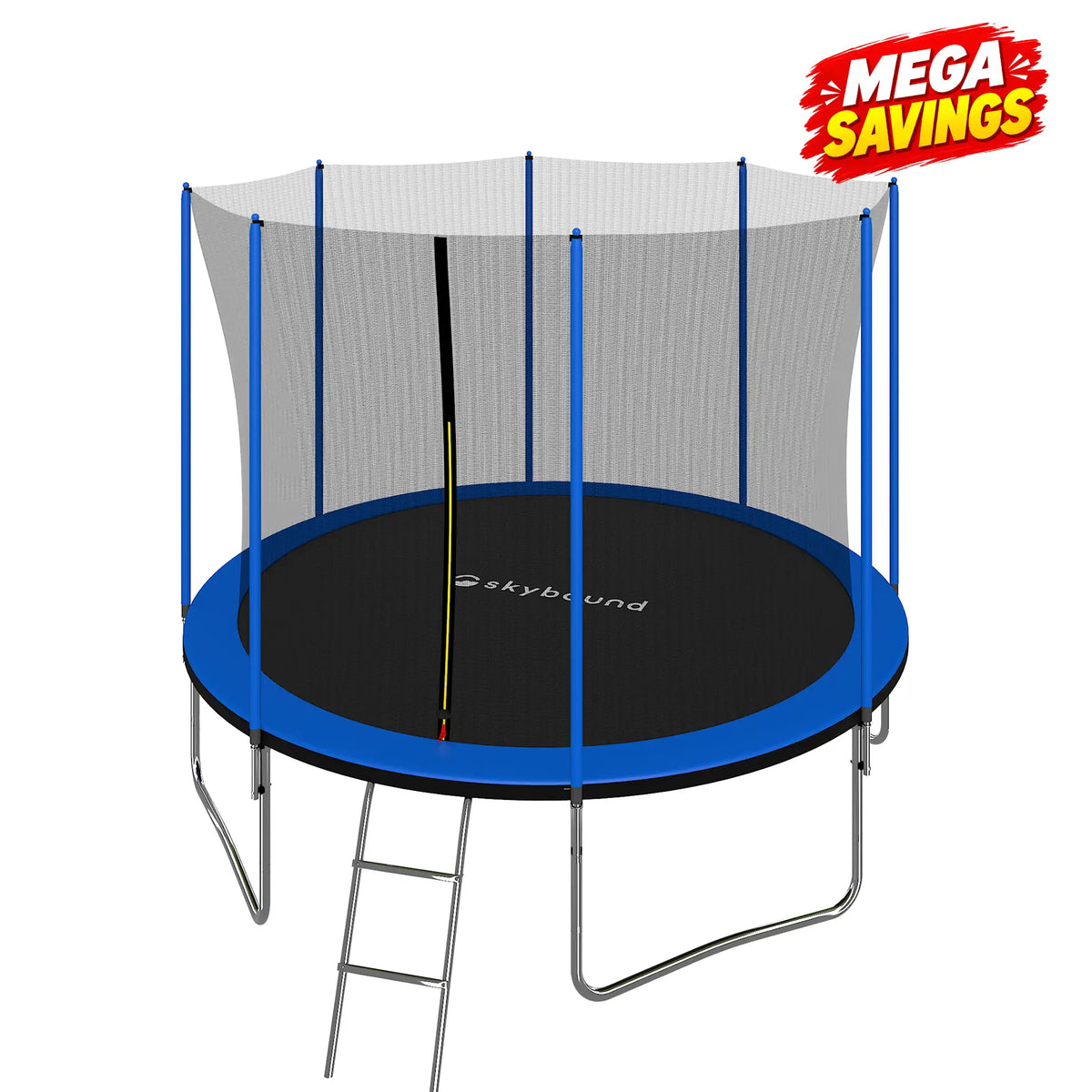SkyBound SkySoar Basic Blue 10ft trampoline with safety enclosure net & ladder. Heavy-duty backyard trampoline for kids, UV-resistant, safe outdoor jumping fun. Shop our durable recreational trampoline today.