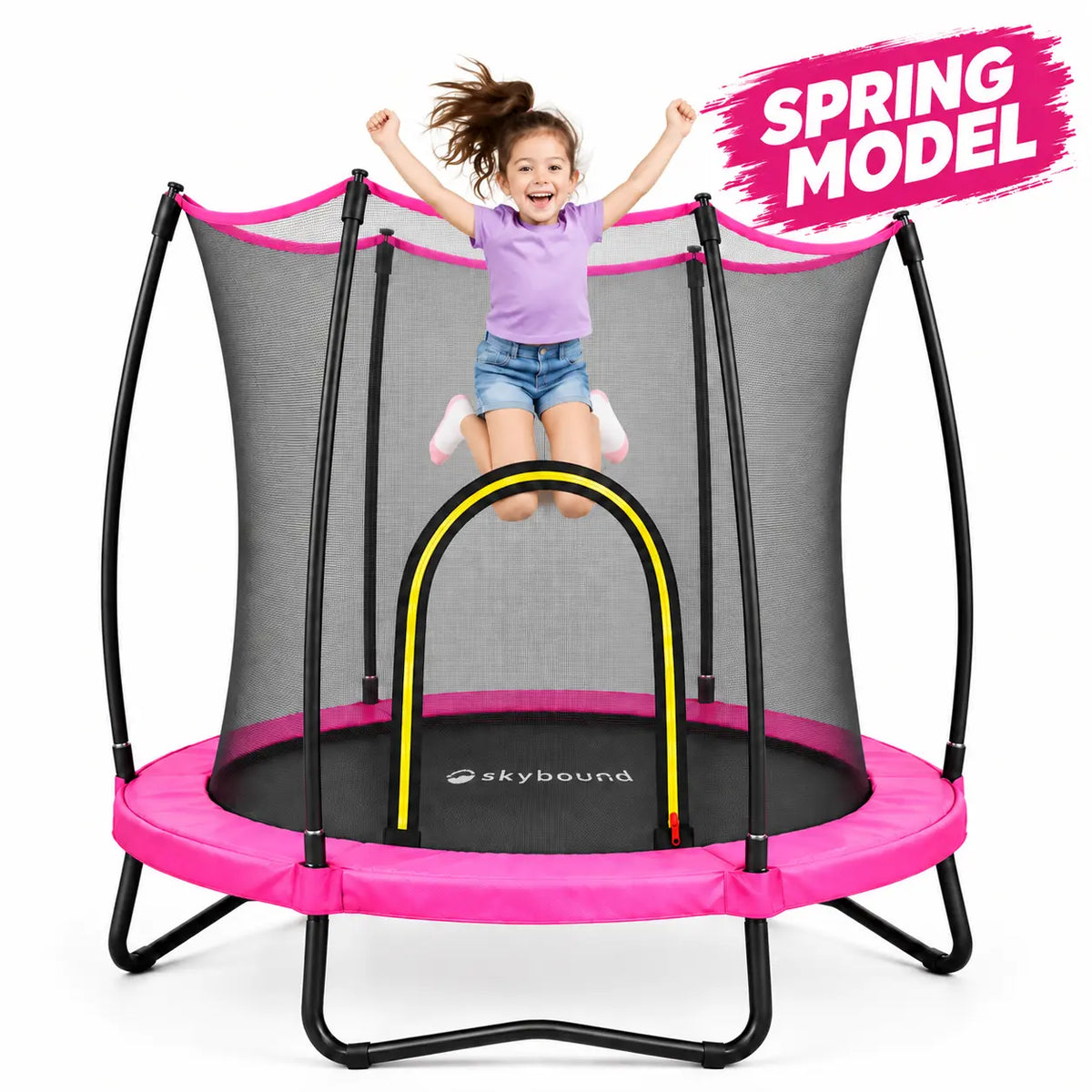 SkyBound pink 55‑inch spring kids trampoline, full surround safety net for young children home play