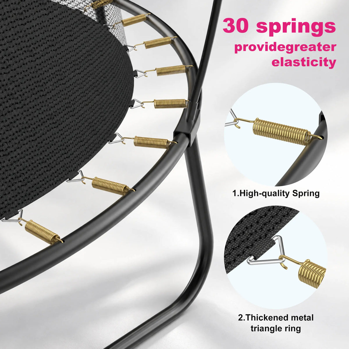 30 heavy‑duty trampoline springs and reinforced thick metal triangle rings, deliver powerful, responsive elasticity for kids jumping