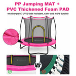 SkyBound trampoline feature graphic, PP jumping mat and PVC thickened foam pad, UV weather fade resistant material comparison