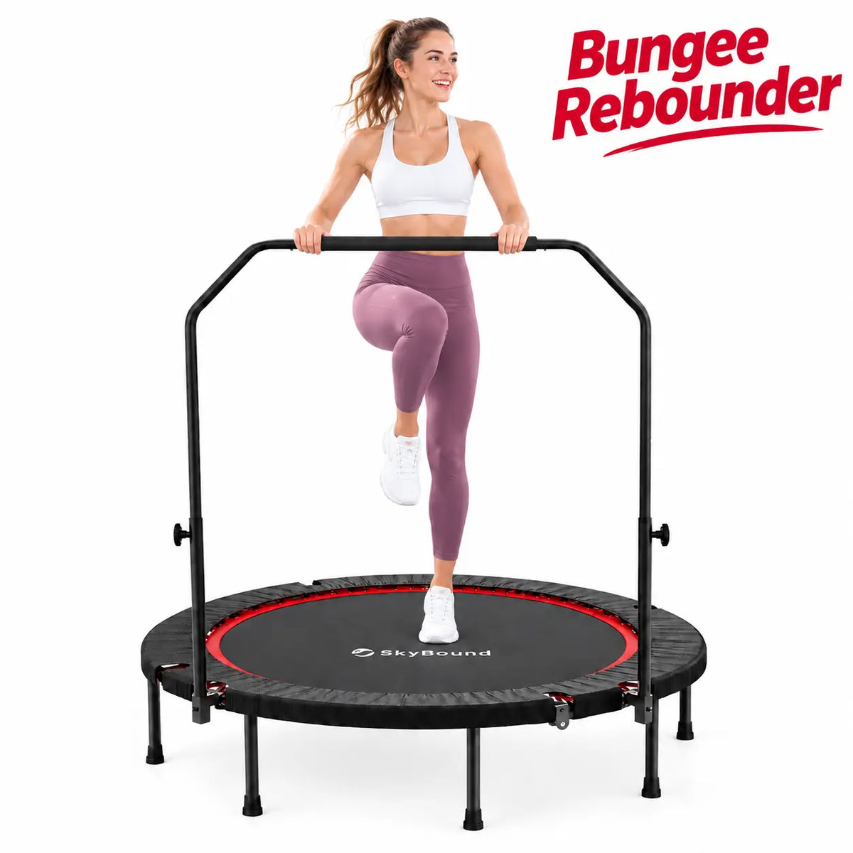 SkyBound Bungee Rebounder fitness trampoline with supportive handlebar. Smooth bungee system delivers quiet, low-impact bounce for home workouts.