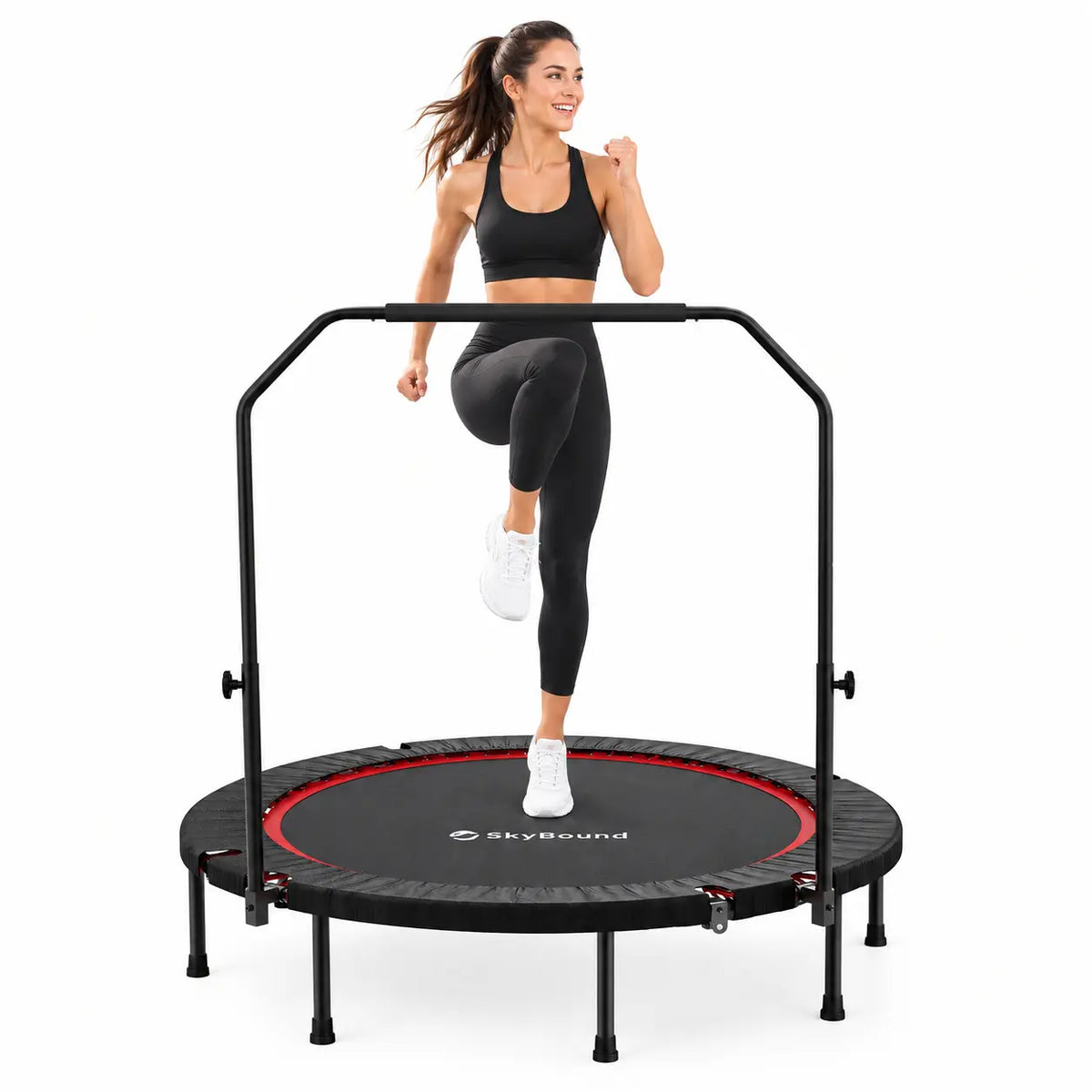 SkyBound fitness rebounder trampoline equipped with sturdy adjustable handlebar for balance support. Great for low-impact indoor cardio workouts at home.