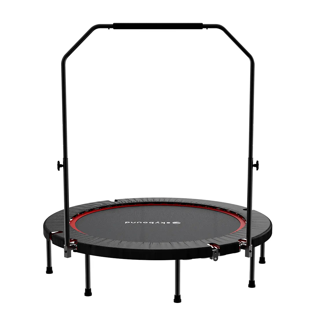 SkyBound home fitness trampoline built with height adjustable handrail. Its round bungee jumping mat offers gentle, low-impact bounce for daily indoor exercise.