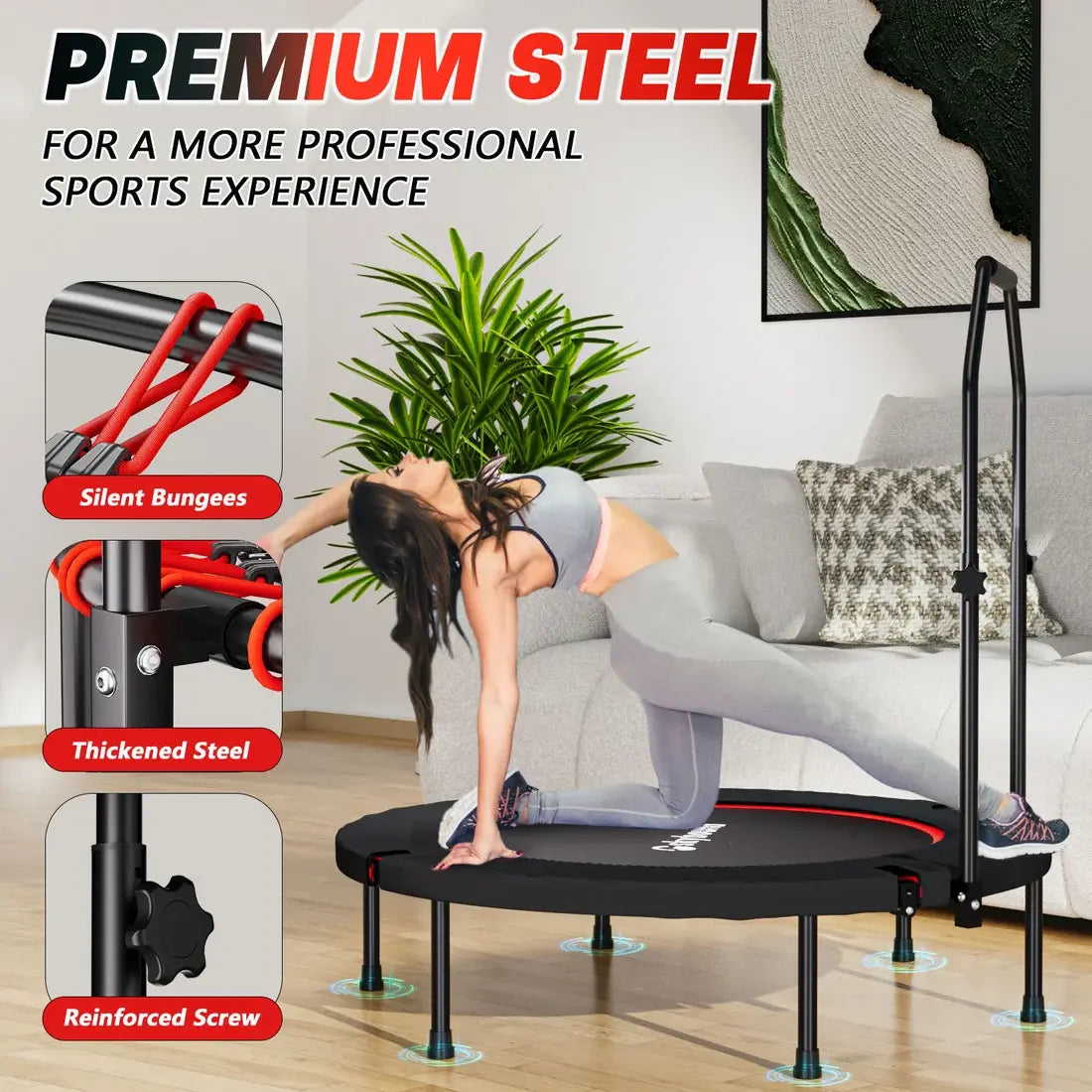 Made from premium thickened steel with reinforced screws and quiet bungee cords. This SkyBound mini trampoline delivers solid durability and smooth bounce for professional-level home fitness.
