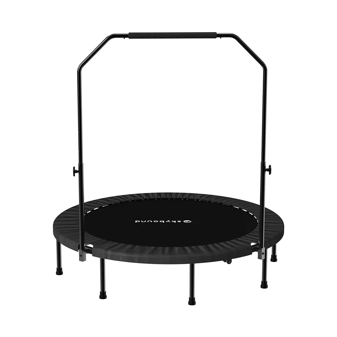 This SkyBound spring rebounder comes with an adjustable handrail for secure balance. Its robust circular frame and premium jumping mat deliver consistent bounce for indoor fitness training.