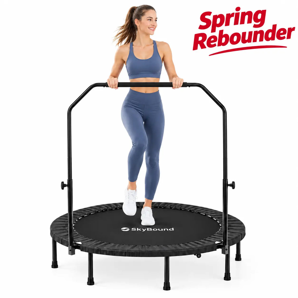 SkyBound spring rebounder features a stable handlebar to help maintain balance. The responsive spring mat provides snappy bounce for effective home fitness training.