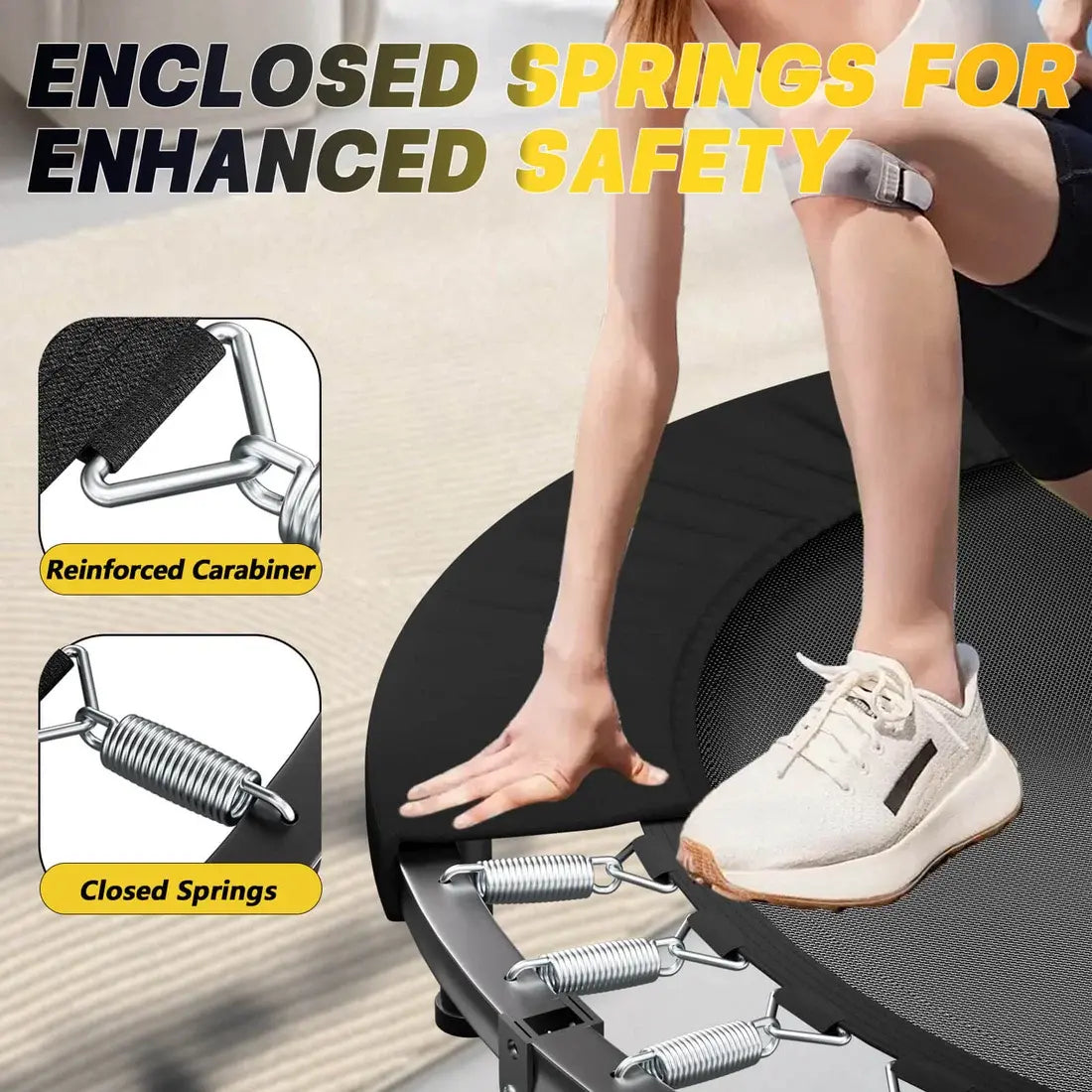 Designed with enclosed springs and heavy-duty reinforced carabiners. This SkyBound rebounder brings thoughtful safety features to support comfortable and secure indoor jumping workouts.