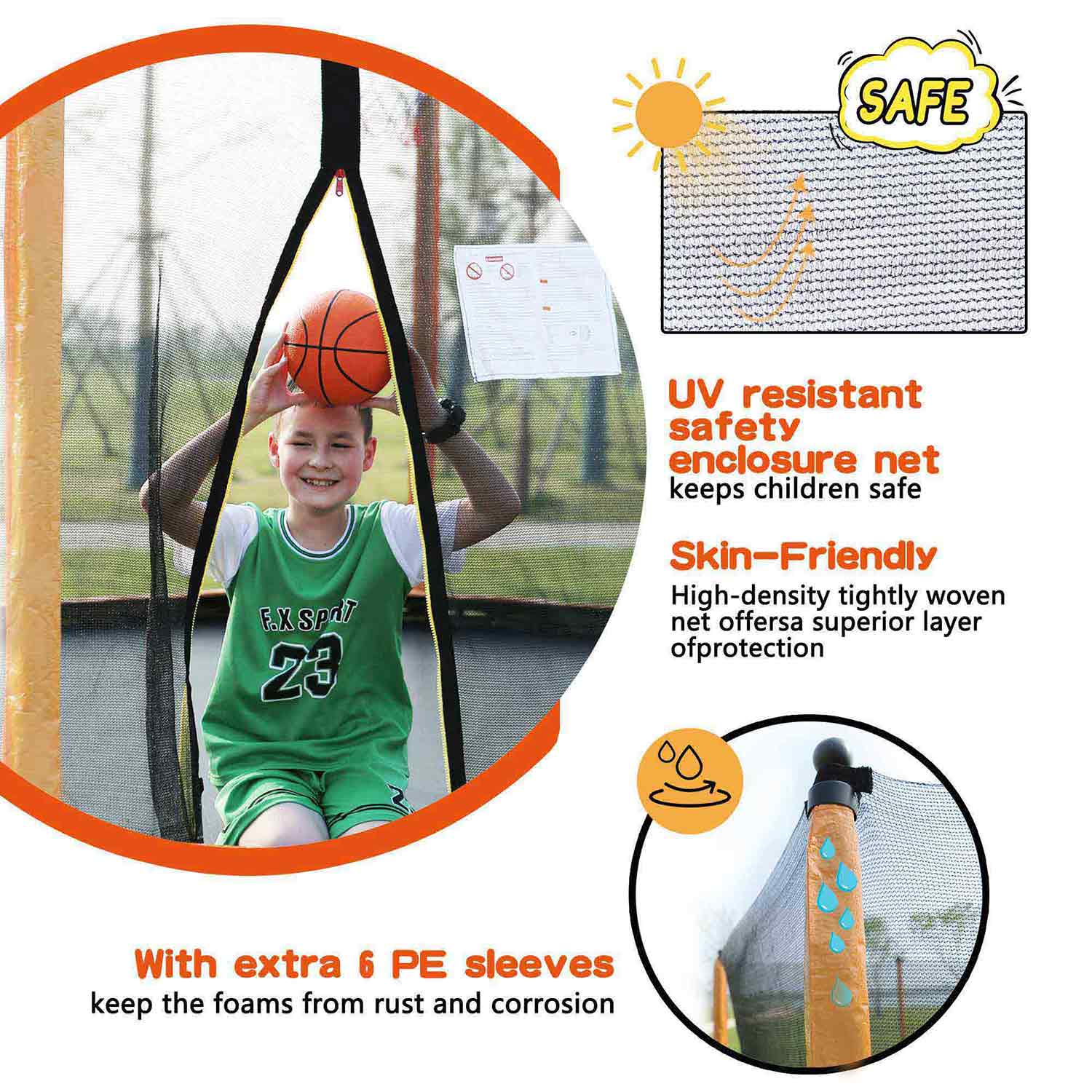 The boy is sitting on the 15ft orange trampoline and holding a basketball with the text next to it saying: UV resistant safety enclosure net keeps children safe, skin-friendly, with extra 6 pe sleeves