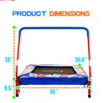 36" square mini trampoline: printed design, 1.2mm rust-resistant frame, UV-tested mat, 4-leg stability, N-handle, UV/waterproof PVC cover for indoor/outdoor use.