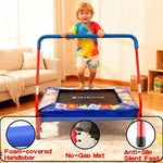 Colorful Skybound toddler trampoline with foam handle, no-gap jumping mat, and anti-slip feet, child playing indoors