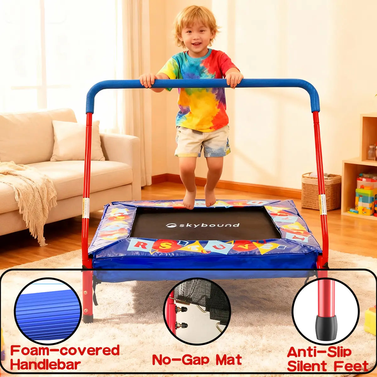 Colorful Skybound toddler trampoline with foam handle, no-gap jumping mat, and anti-slip feet, child playing indoors