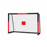 Skybound black-red steel soccer goal with soft foam padded goalposts and central red shooting target square, galvanized rust-proof baked varnish frame, tangle-free zipper PE net for kids youth backyard training and shooting practice