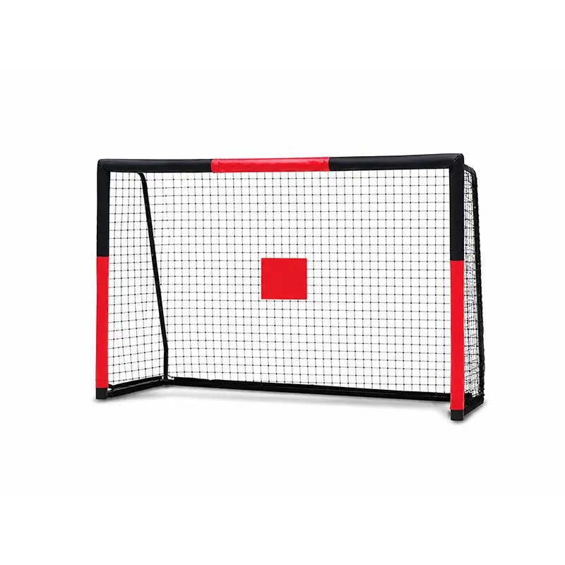 Skybound black-red steel soccer goal with soft foam padded goalposts and central red shooting target square, galvanized rust-proof baked varnish frame, tangle-free zipper PE net for kids youth backyard training and shooting practice