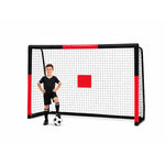 Safe outdoor kids soccer goal featuring anti-collision foam wrapping and central shooting target sticker to improve shooting accuracy, weather-resistant UV certified metal frame, perfect for solo kid practice, family backyard matches and team drills