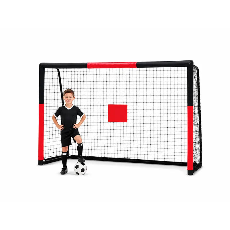 Safe outdoor kids soccer goal featuring anti-collision foam wrapping and central shooting target sticker to improve shooting accuracy, weather-resistant UV certified metal frame, perfect for solo kid practice, family backyard matches and team drills