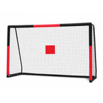 Skybound black-red steel soccer goal with soft foam padded goalposts and central red shooting target square, galvanized rust-proof baked varnish frame, tangle-free zipper PE net for kids youth backyard training and shooting practice