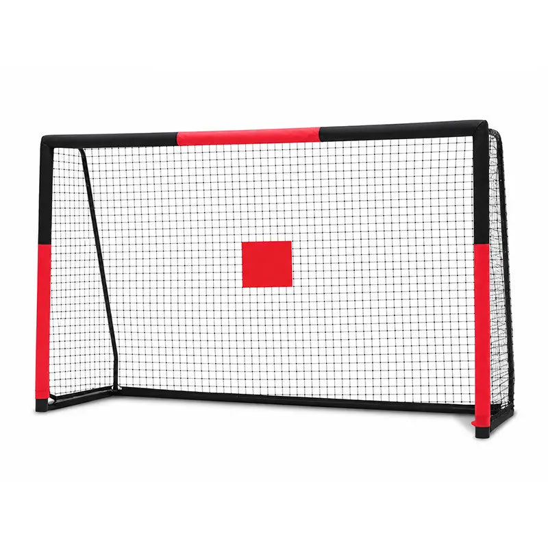 Skybound black-red steel soccer goal with soft foam padded goalposts and central red shooting target square, galvanized rust-proof baked varnish frame, tangle-free zipper PE net for kids youth backyard training and shooting practice