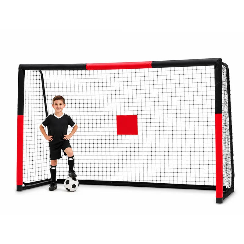 Safe outdoor kids soccer goal featuring anti-collision foam wrapping and central shooting target sticker to improve shooting accuracy, weather-resistant UV certified metal frame, perfect for solo kid practice, family backyard matches and team drills