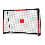 Skybound black-red steel soccer goal with soft foam padded goalposts and central red shooting target square, galvanized rust-proof baked varnish frame, tangle-free zipper PE net for kids youth backyard training and shooting practice