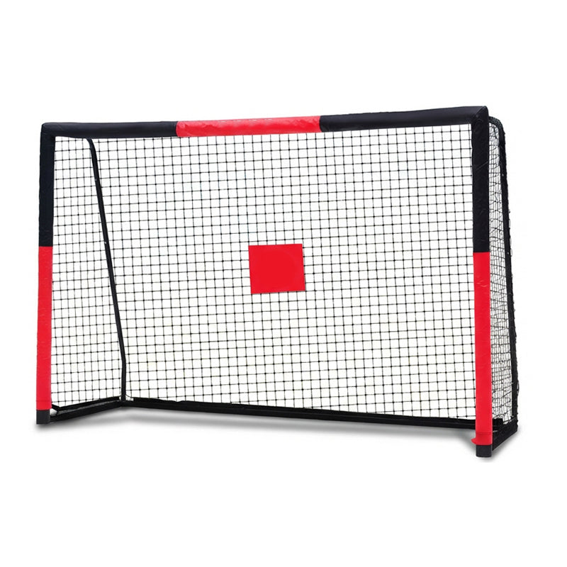 Skybound black-red steel soccer goal with soft foam padded goalposts and central red shooting target square, galvanized rust-proof baked varnish frame, tangle-free zipper PE net for kids youth backyard training and shooting practice