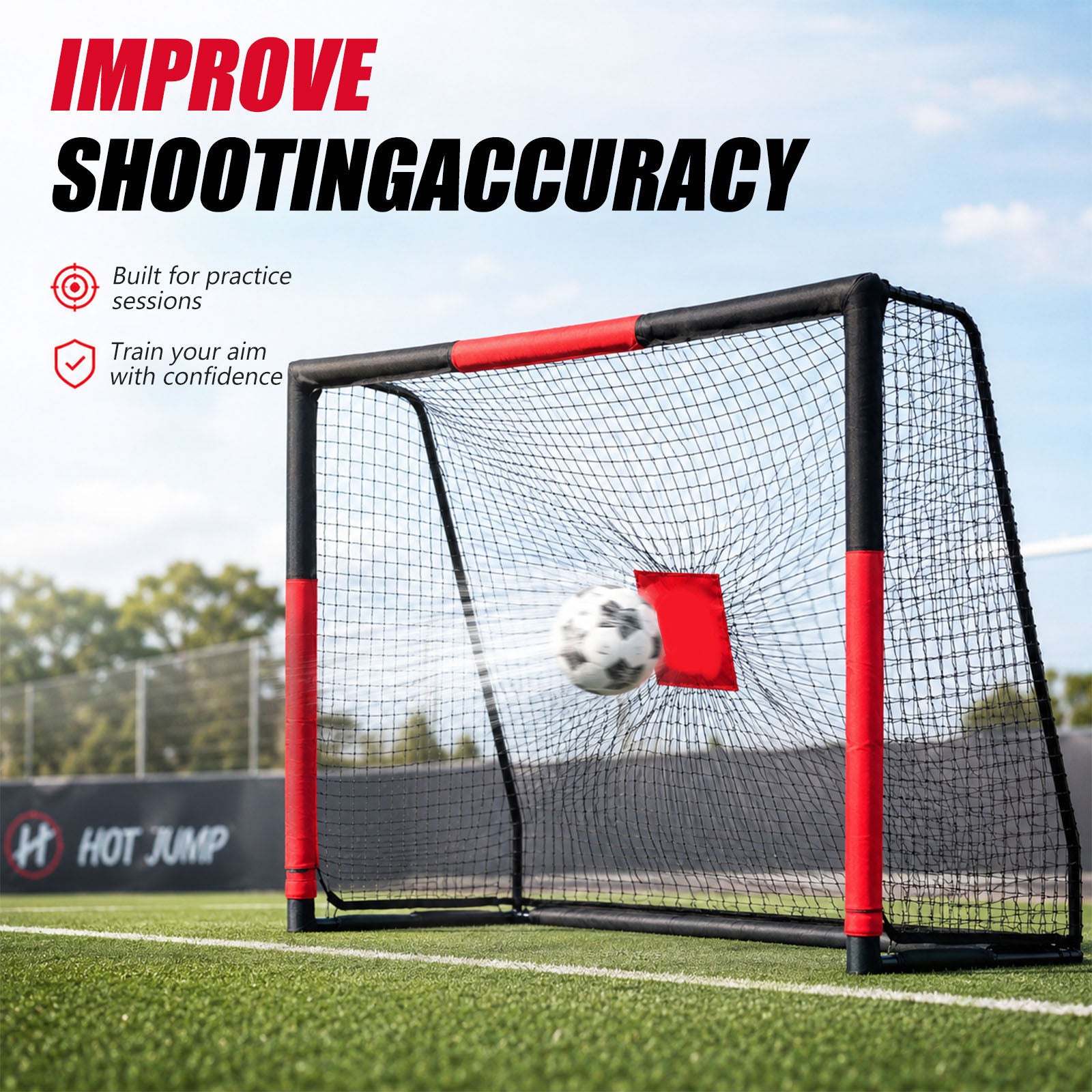 Skybound steel soccer goal with central red target square to improve shooting accuracy, foam padded anti-collision frame for youth soccer training