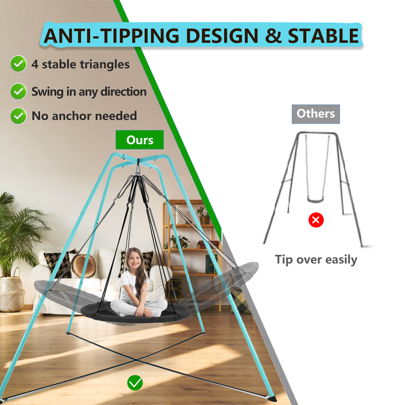 Skybound swing frame supports swings to sway in all directions – unlike traditional swings that only move back and forth. The image indicates: 4 stable triangles, Swing in any direction, No anchor needed.