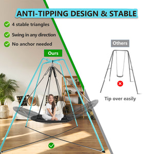 Skybound swing frame supports swings to sway in all directions – unlike traditional swings that only move back and forth. The image indicates: 4 stable triangles, Swing in any direction, No anchor needed.