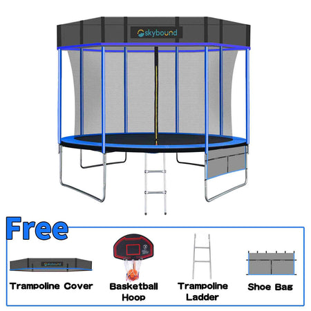skysoar 10ft trampoline with Cover, Below there is a frame that says FREE with cover and basketball hoop and basketball, ladder, shoes and bag.