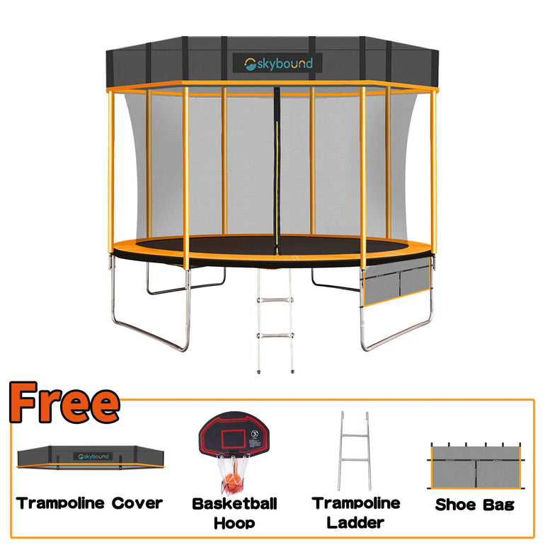 skysoar orange 10ft trampoline with Cover, Below there is a frame that says FREE with cover and basketball hoop and basketball, ladder, shoes and bag.