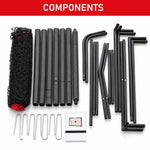 All replacement and assembly components for heavy‑duty portable soccer goal: steel tubes, net, anchor pegs and guide booklet