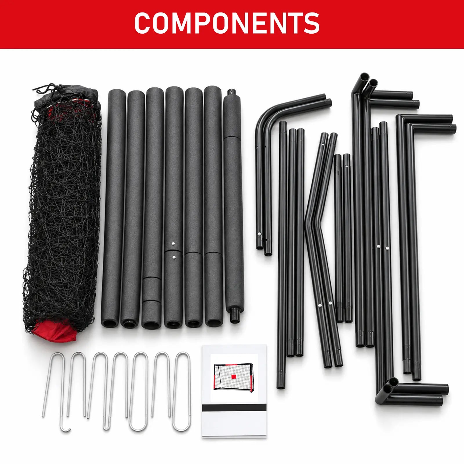 All replacement and assembly components for heavy‑duty portable soccer goal: steel tubes, net, anchor pegs and guide booklet