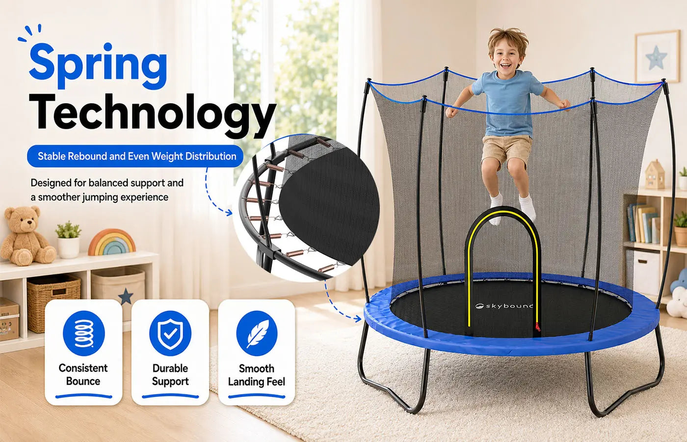 SkyBound trampoline spring technology close-up, boy jumping indoors, consistent bounce durable support and smooth landing feel with stable rebound even weight distribution