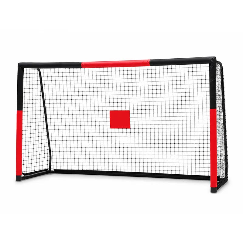 Skybound black-red steel soccer goal with soft foam padded goalposts and central red shooting target square, galvanized rust-proof baked varnish frame, tangle-free zipper PE net for kids youth backyard training and shooting practice