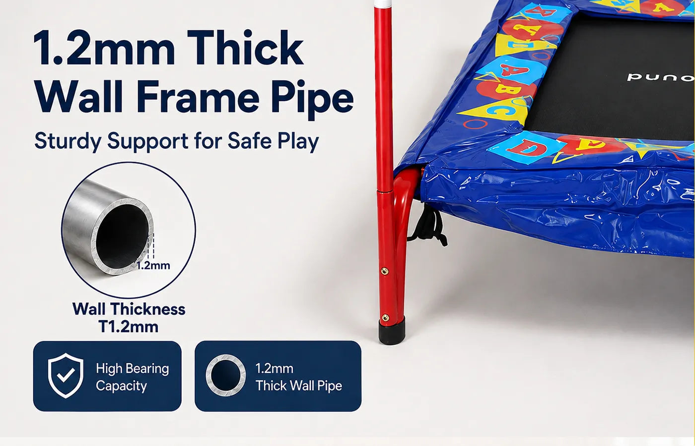 Our trampoline frame features thickened metal pipes with a wall thickness of 1.2mm, greatly improving structural stability and load capacity for long-time safe kids play.