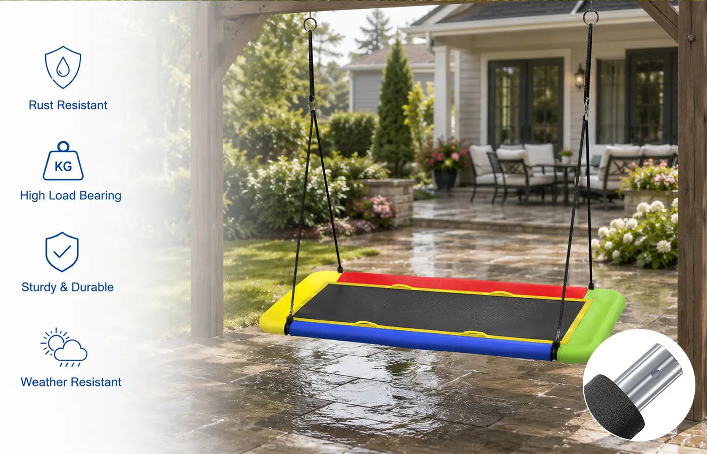 We use a heavy-duty galvanized steel frame on our swing. The coating protects against rust and corrosion, so it can handle whatever the outdoors throws at it. Strong and built to carry weight, the frame resists bending or warping. Rain or shine, humid or damp, it stays rock-solid—giving you reliable performance season after season.