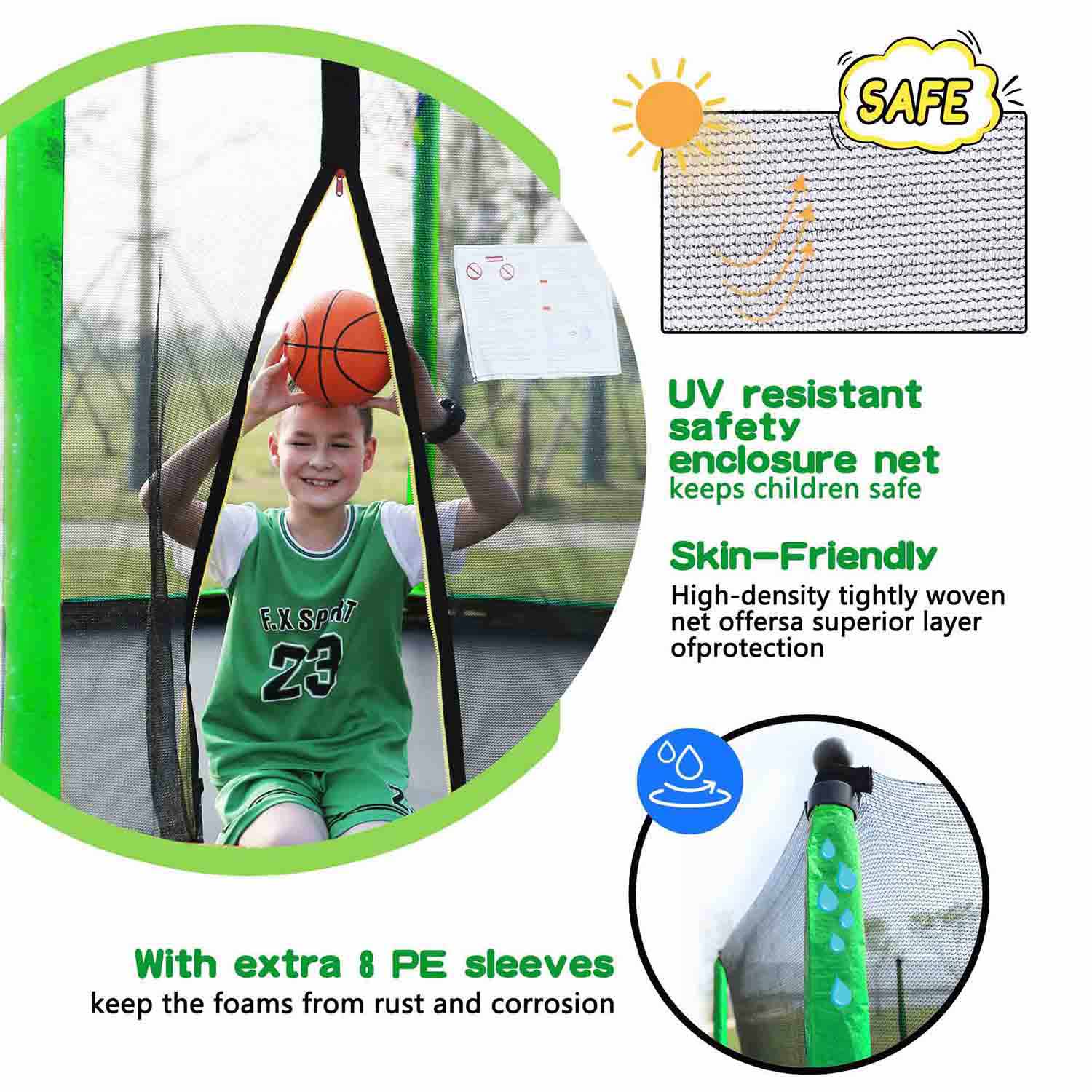 A boy is sitting on the green 10ft trampoline and holding a basketball with the text next to it saying: UV resistant safety enclosure net keeps children safe, skin-friendly, with extra 8 pe sleeves