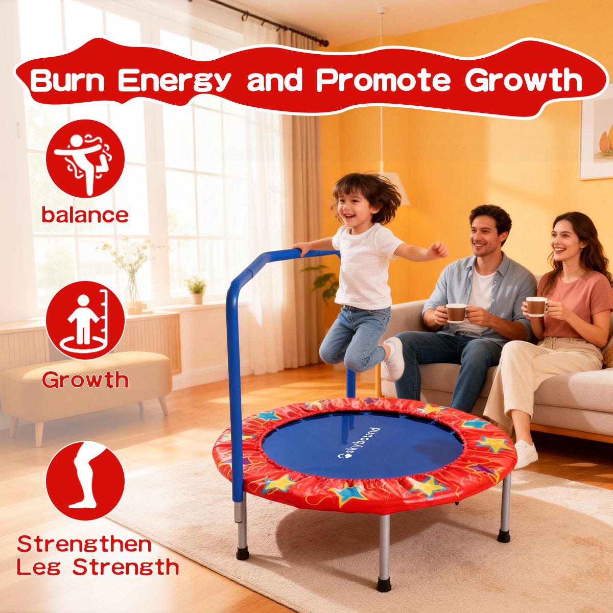 SkyBound kids trampoline with handlebar helps burn energy, promote growth, improve balance, and strengthen leg strength. Safe indoor fun for toddlers to stay active at home.