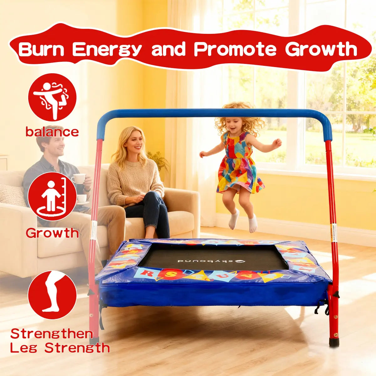Indoor children's trampoline with handlebar, Skybound brand, used for kid's active play to burn energy, promote growth, and build balance and leg strength