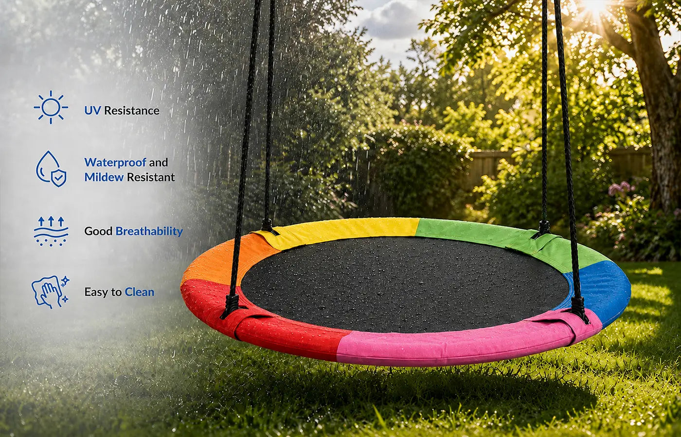 Premium weather‑resistant saucer swing fabric features UV‑protection, water & mildew resistance, great breathability and easy‑clean surface. Tough tear‑proof woven material for all‑year backyard outdoor use.