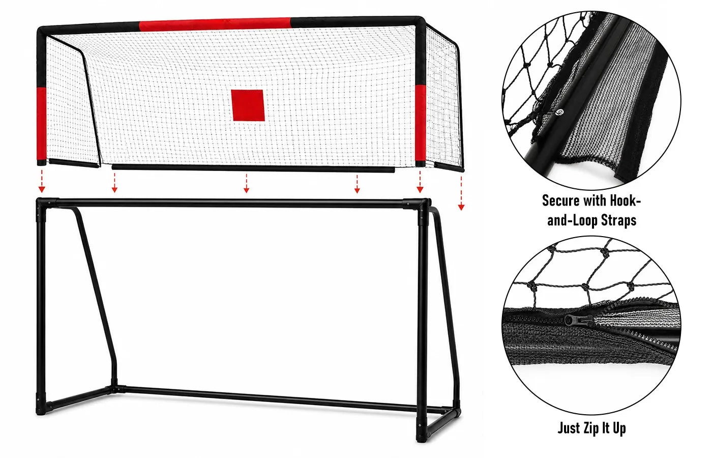 This soccer goal features our unique zipper design to make assembly super easy. Just zip the net onto the frame securely — no complicated tools or tedious tying required.