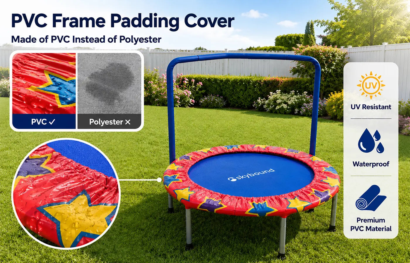 Our trampoline frame cover is made of waterproof and UV-resistant material, helping protect the frame from water, sunlight and outdoor elements. 