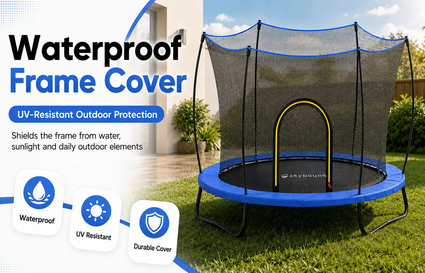 SkyBound trampoline waterproof frame cover with UV-resistant material, durable outdoor protection shield on backyard trampoline for long-term use season after season