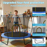 Complete safety feature guide for home trampoline, upgraded four-fold protection design prevents pinching, collision, slipping and noise, safe bouncing equipment for toddlers in bedroom