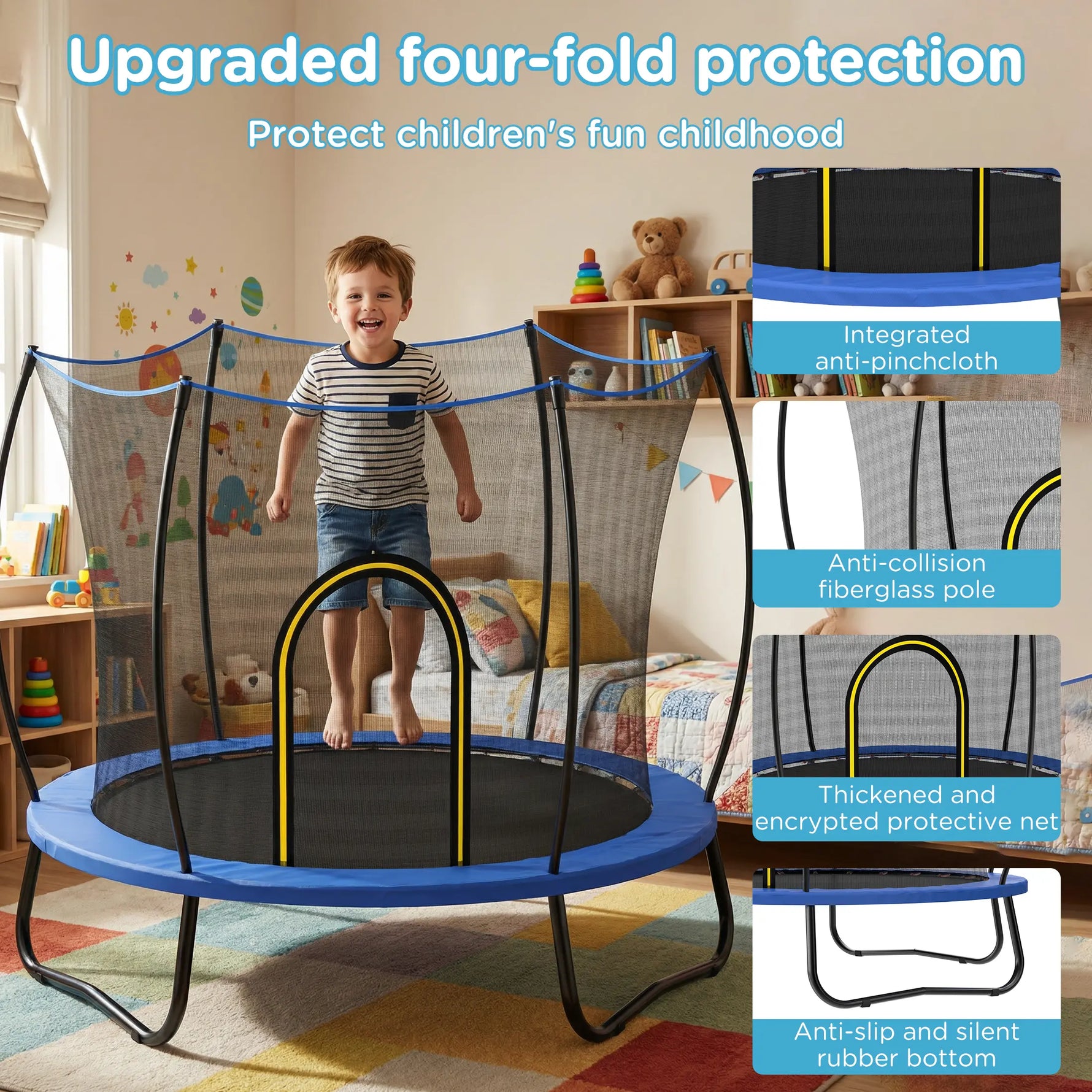Complete safety feature guide for home trampoline, upgraded four-fold protection design prevents pinching, collision, slipping and noise, safe bouncing equipment for toddlers in bedroom