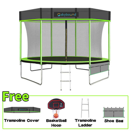 skysoar green 10ft trampoline with Cover, Below there is a frame that says FREE with cover and basketball hoop and basketball, ladder, shoes and bag.